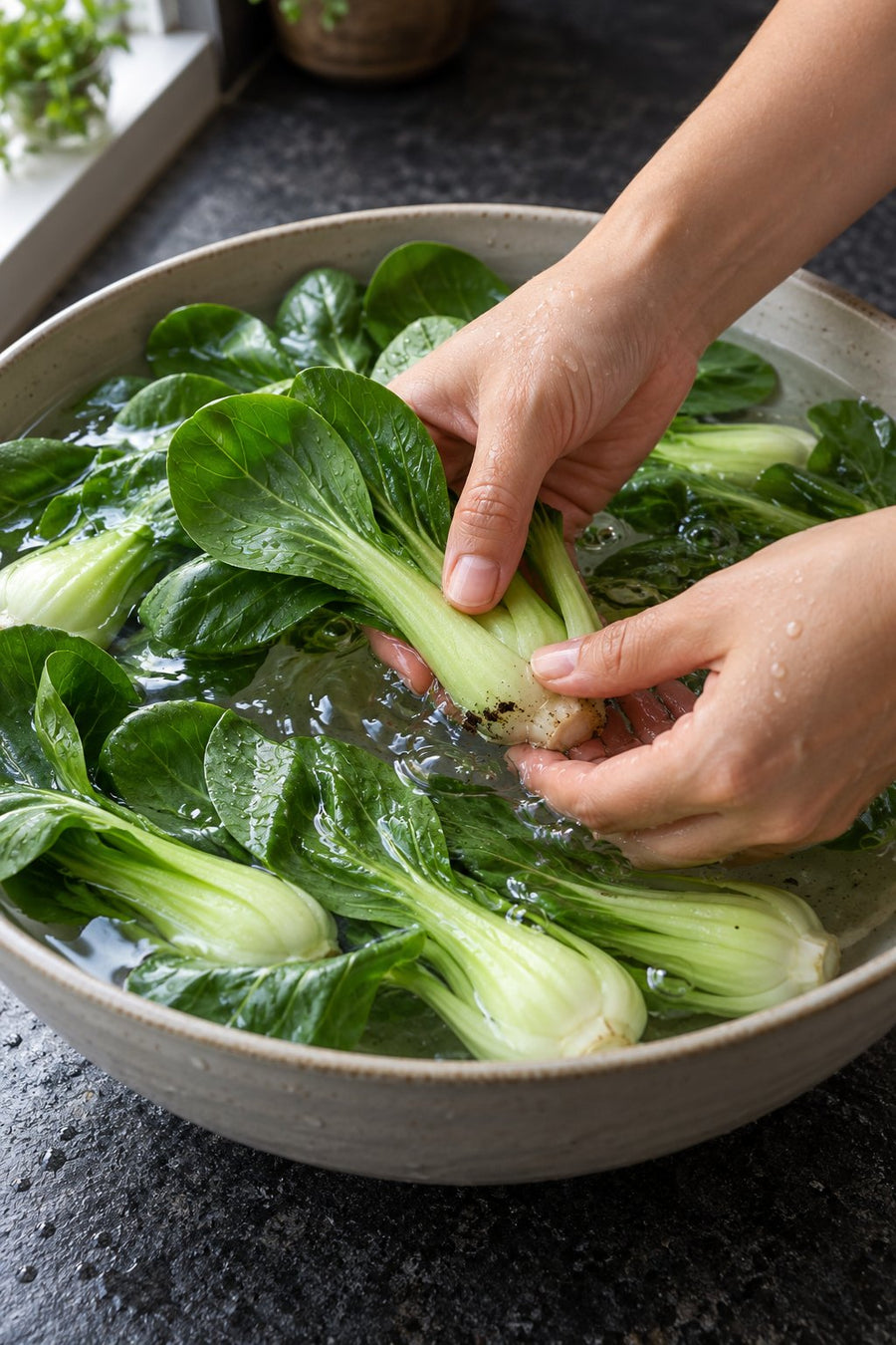 Bok Choy 3 Ways: Garlic Stir-Fry, Ginger Steam & Sesame Soy, step 1: Wash between the stems