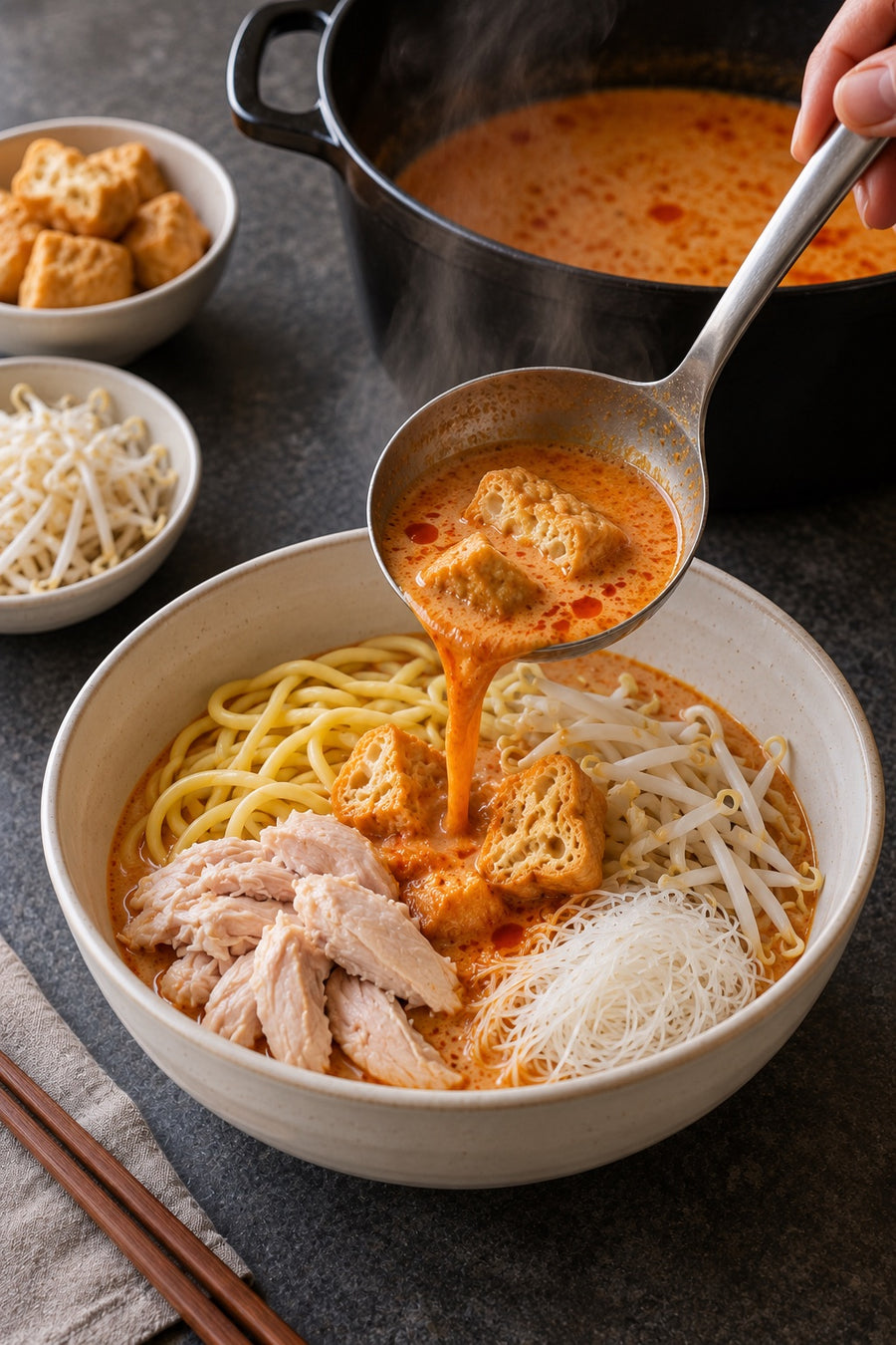 Chicken Laksa, Malaysian Curry Laksa at Home, step 7: Fill the bowls