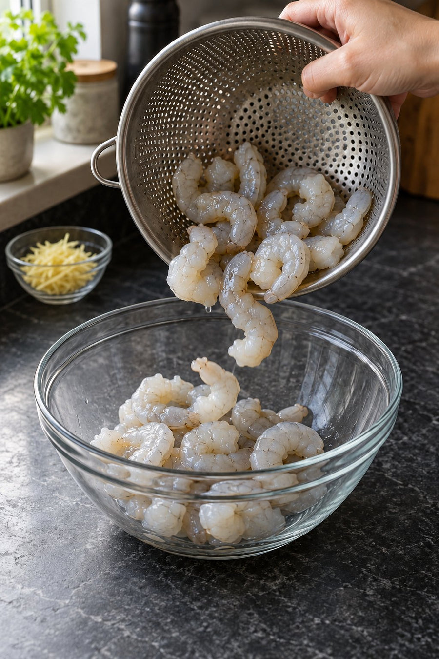 No-Water Steamed Prawns with Ginger (No Added Oil), step 1: Thaw and drain