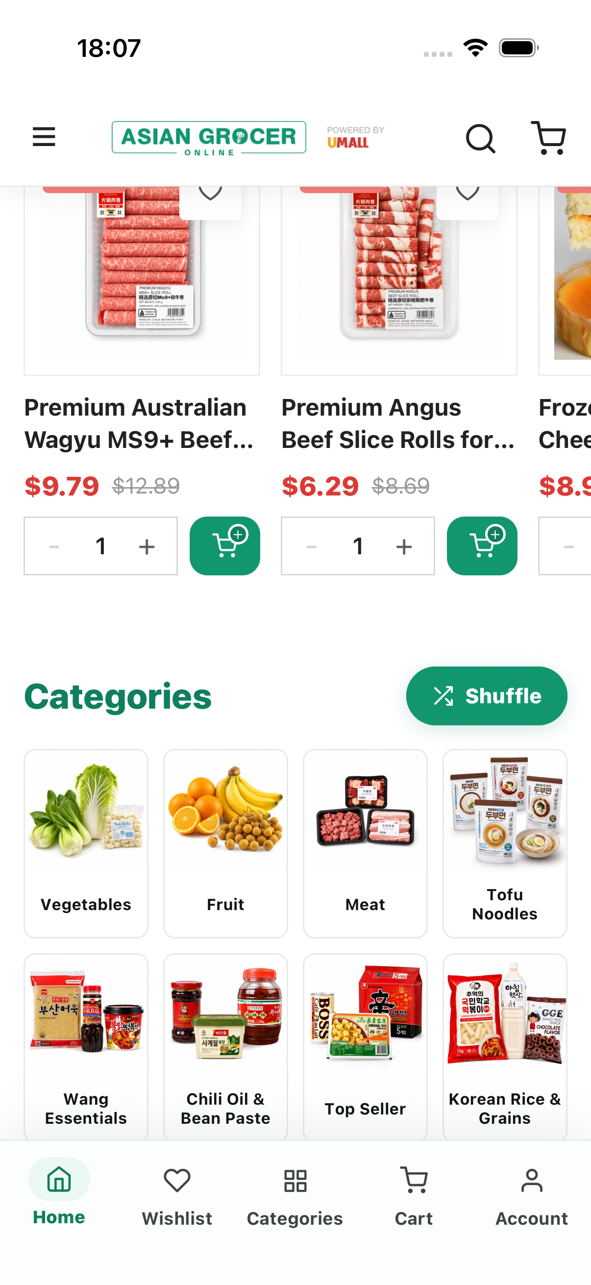 The Asian Grocer Online app home screen showing grocery categories