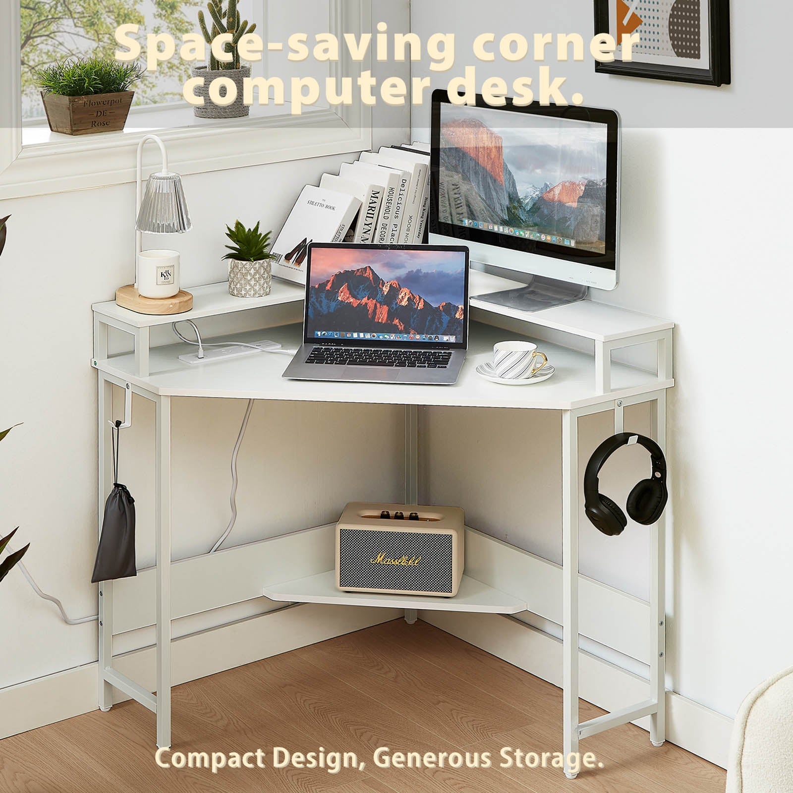 Casadiso L-Shaped Corner Desk with Power Board Smart Gaming Desk with Monitor Charging Station & USB Ports White (Albali)