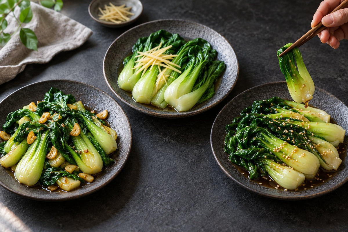 Bok Choy 3 Ways: Garlic Stir-Fry, Ginger Steam & Sesame Soy, served