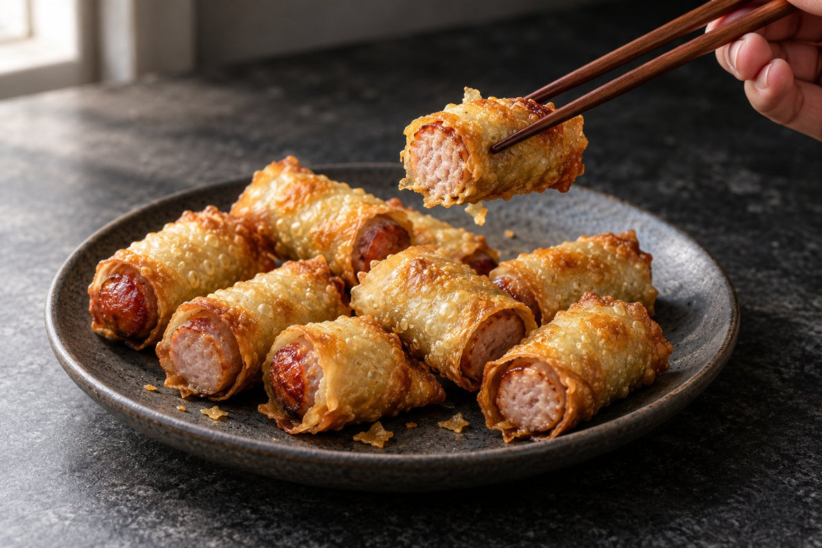 Crispy Wonton-Wrapped Sausages with Tianfu Taiwanese Sausage, served