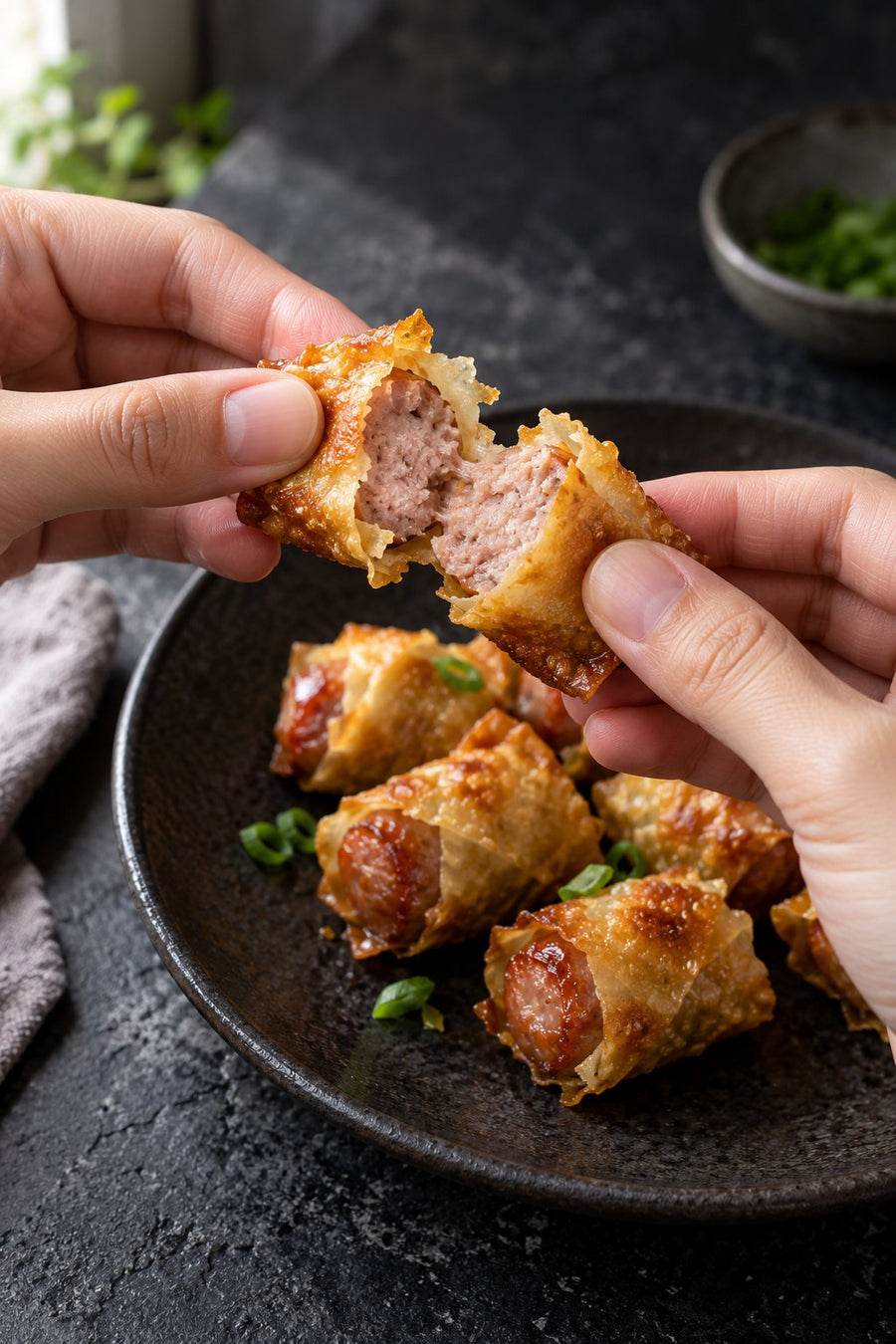 Crispy Wonton-Wrapped Sausages with Tianfu Taiwanese Sausage, step 8: Drain and crack