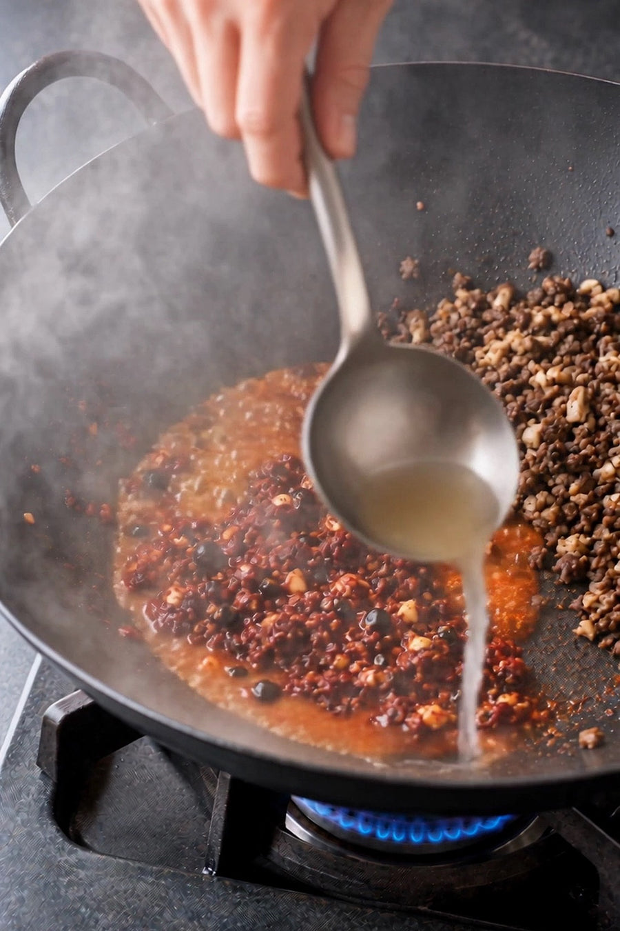 Mapo Tofu Lite, the Chengdu Way, step 6: Add liquid and season