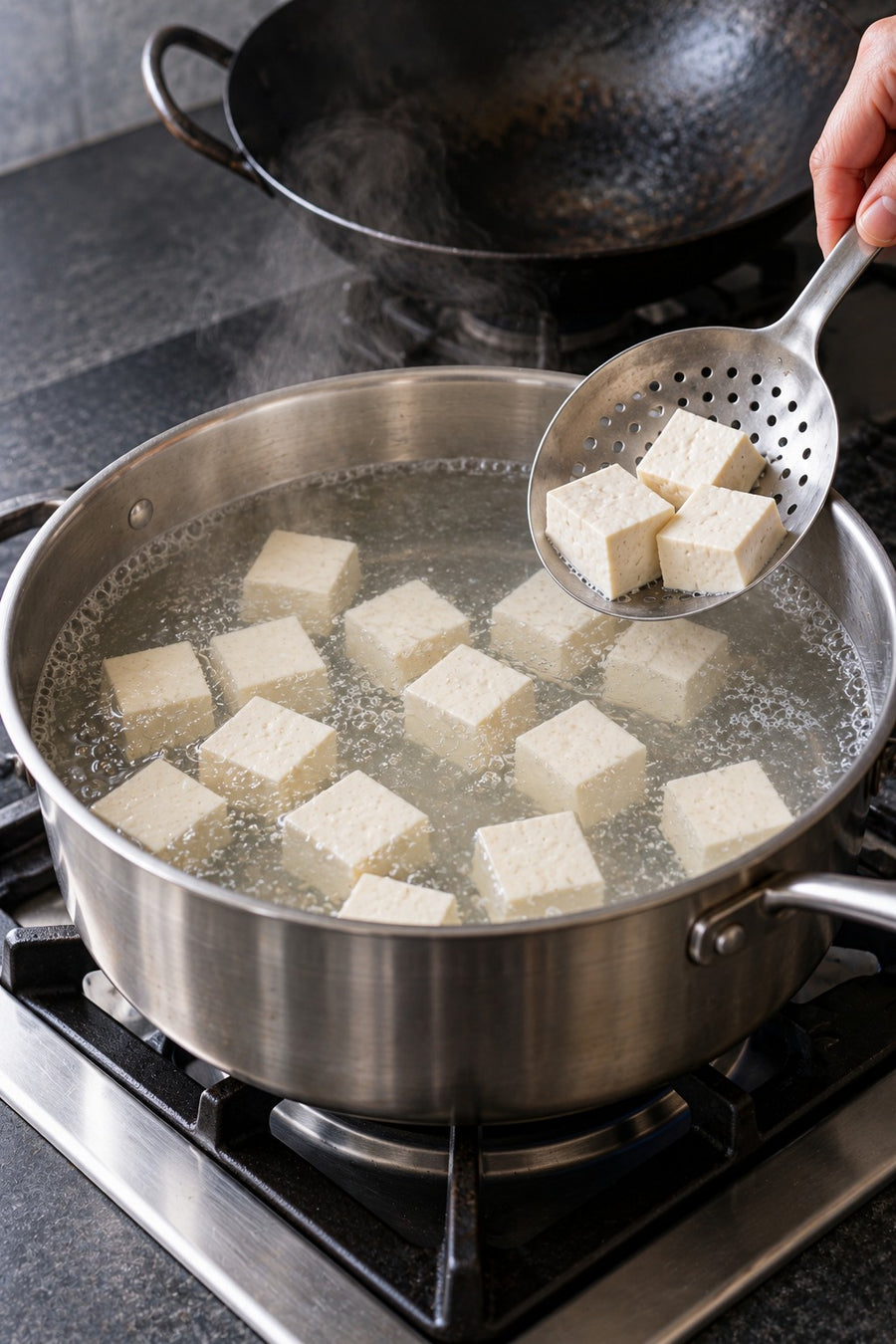 Mapo Tofu, the Chengdu Way, step 2: Blanch the tofu