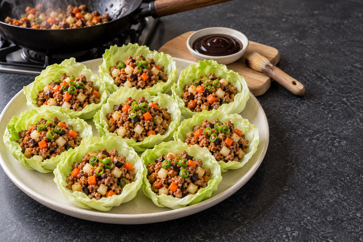 San Choy Bow, Crunchy Pork Lettuce Cups, served