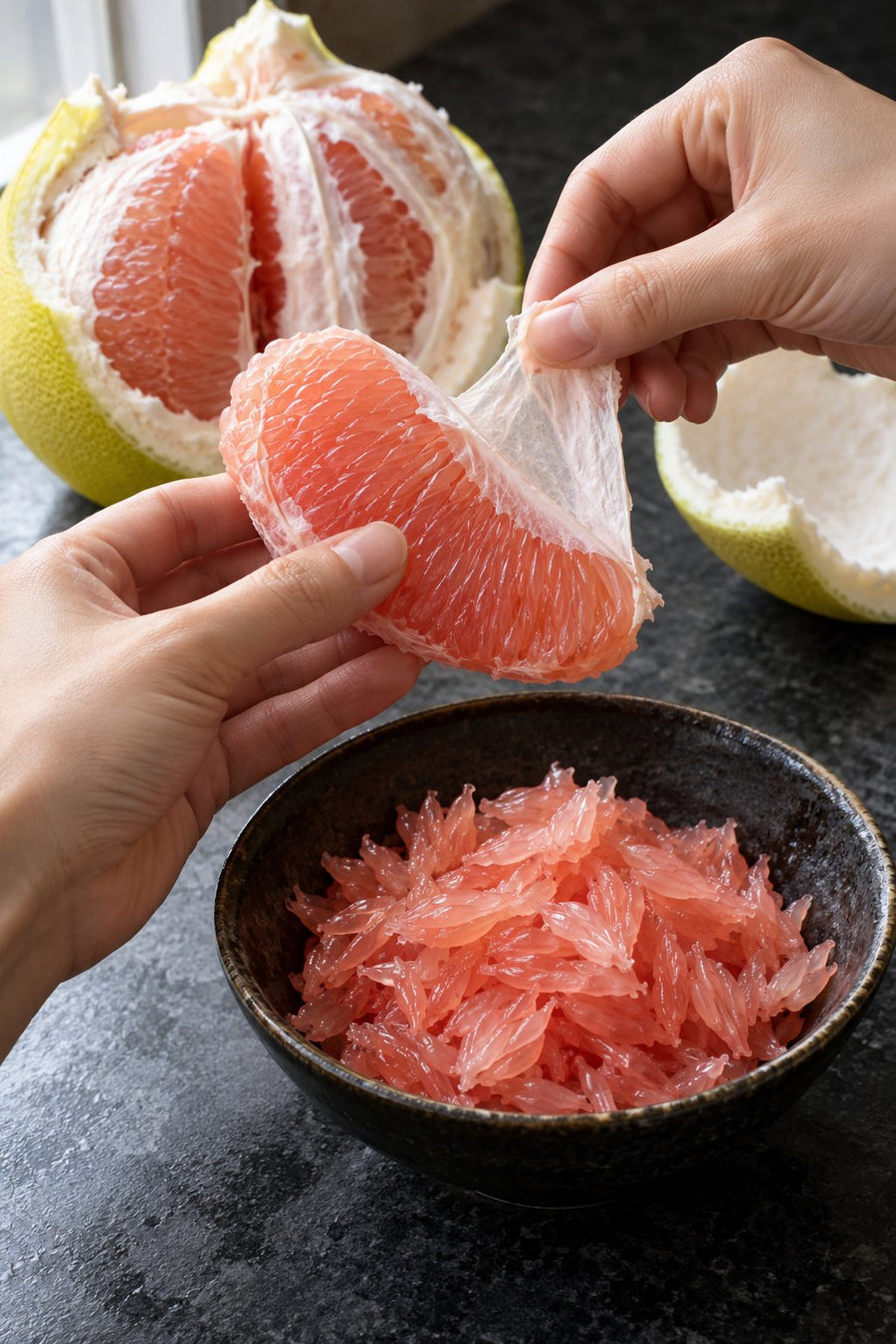 Solid Mango Pomelo Sago with Strained Yogurt, step 5: Peel the pomelo flesh